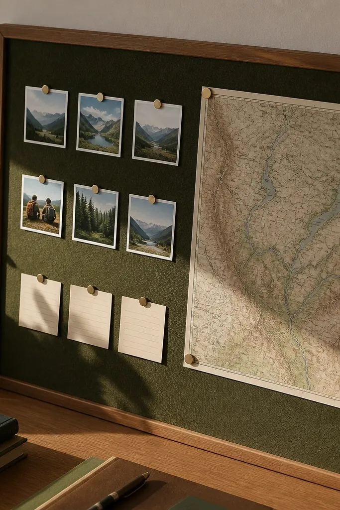 A cork corner board with a small map print and magnetic cards