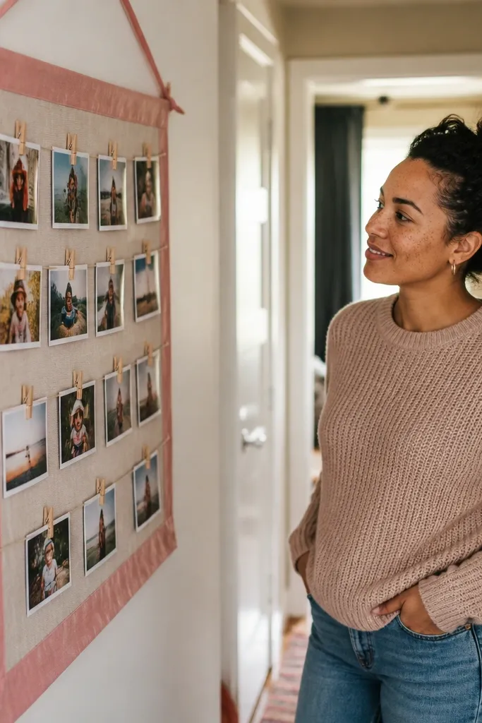 A fabric ribbon hanger with clothespins holding travel photos in a neat grid