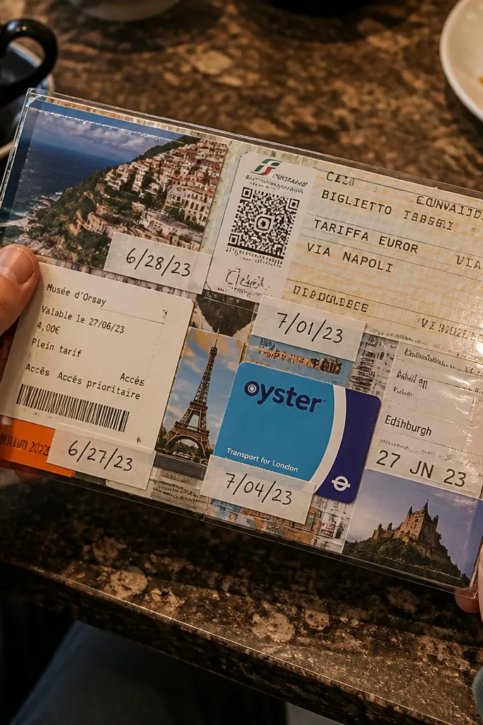 A laminated collage board with tickets, small photos, and a clear pocket strip