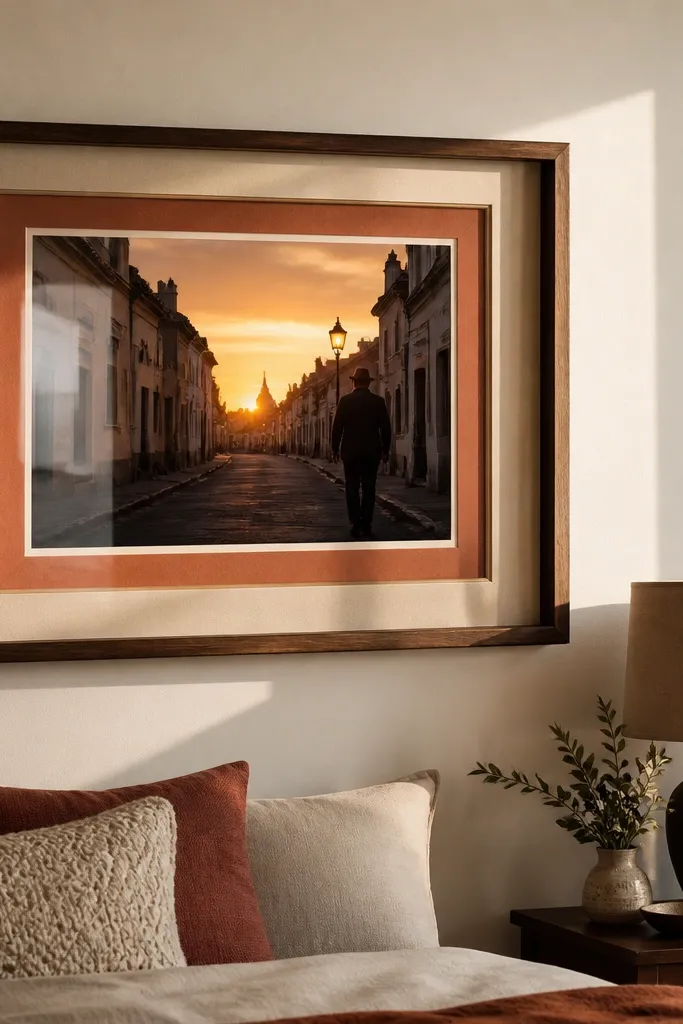 A small shadowbox with layered fabric background and a large travel in the center