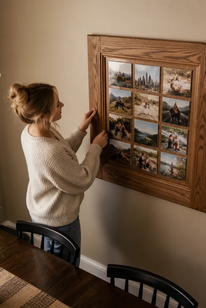 A painted cabinet door panel with grid holders and a clean border