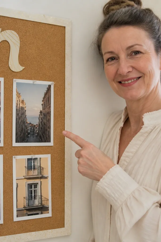 A cork board corner with a washi tape border and large travel cutouts