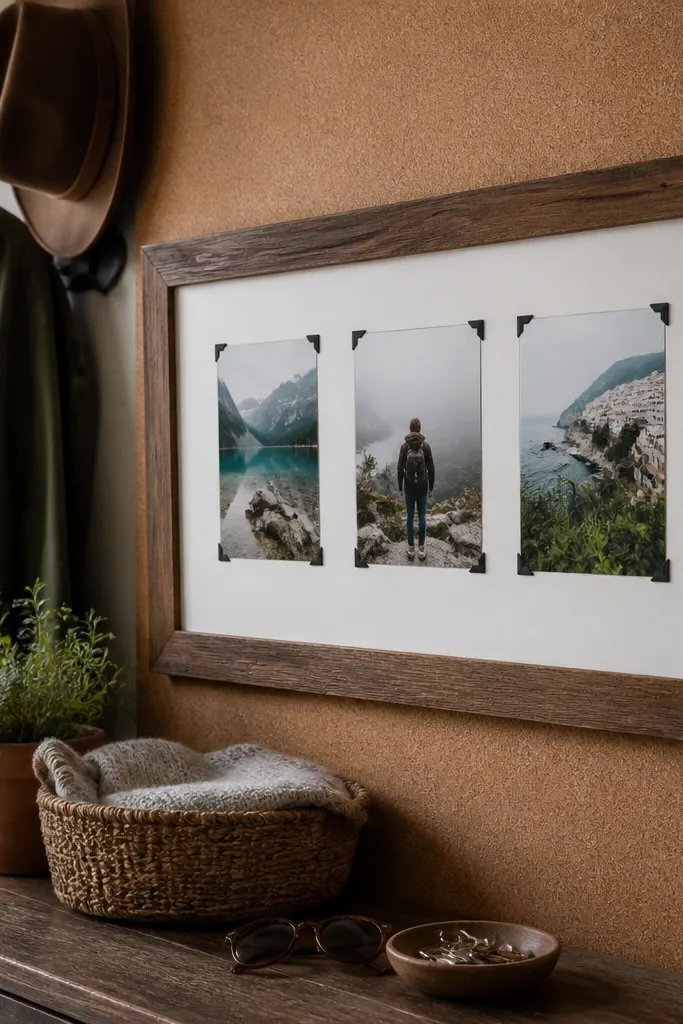 A thrifted frame with a neutral mat and tabs holding removable travel photos