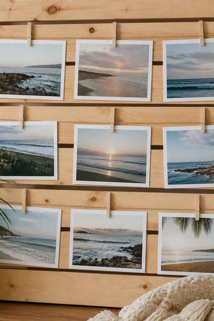 A wood slat board with twine and mini clips holding beach photos in rows