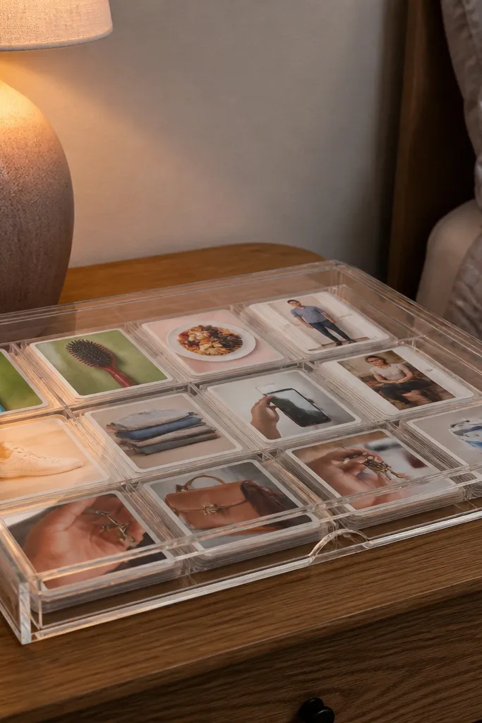 A shallow tray with a clear top covering travel cards and a small stack