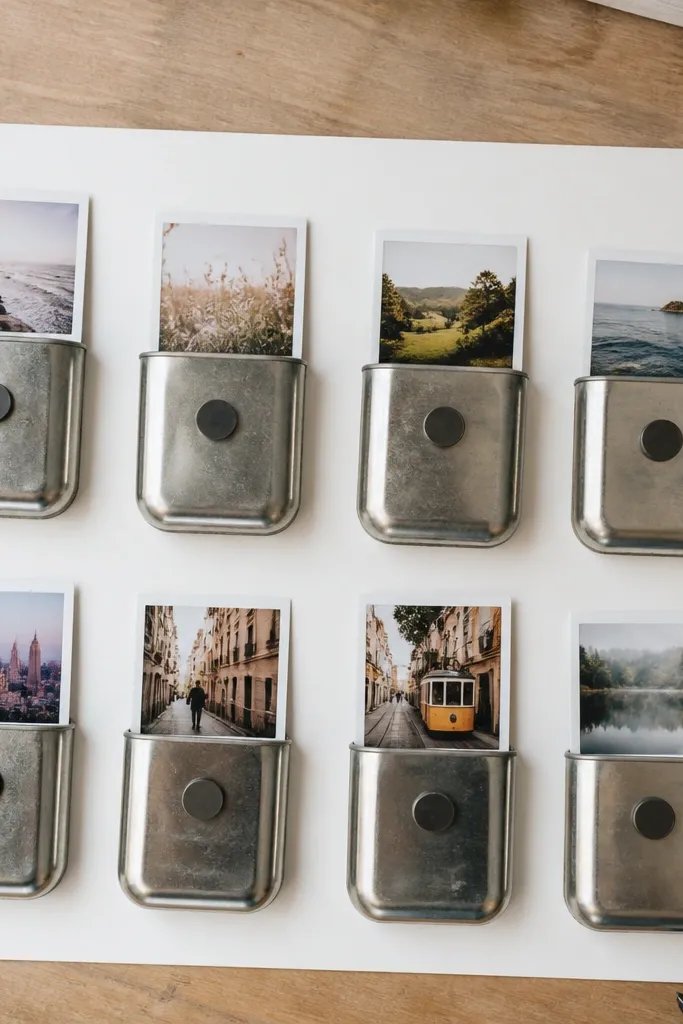 Small magnetic tin holders arranged on a metal sheet with mini travel photos