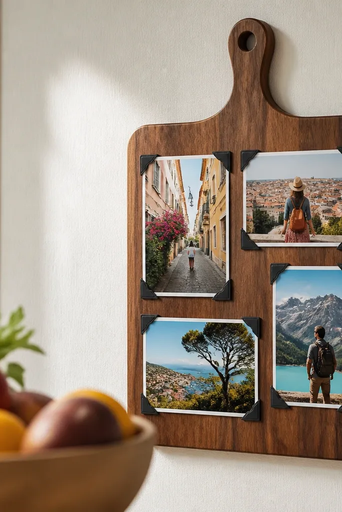 A stained cutting board wall piece with corner-mounted travel photos
