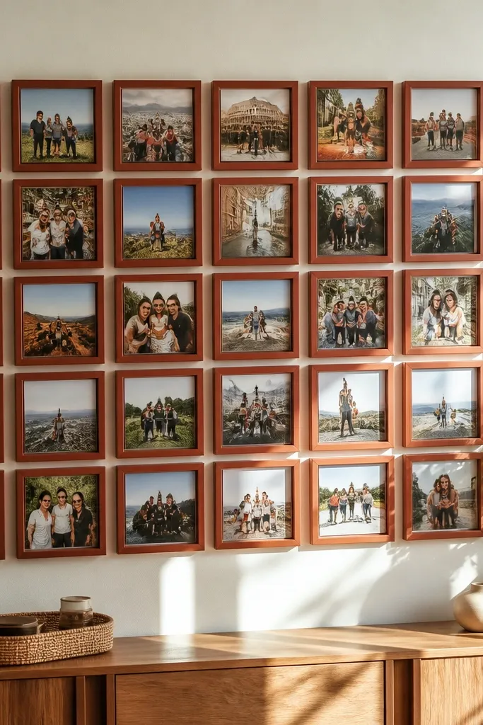 A mosaic of small upcycled frames with travel photos and a repeated muted border color