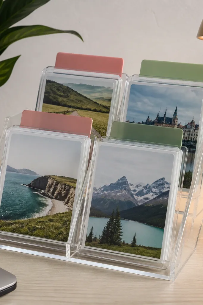 A clear acrylic stand with stacked travel cards and destination tabs
