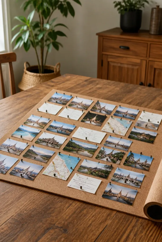 A roll-up cork board with pinned travel photos and a ribbon tie