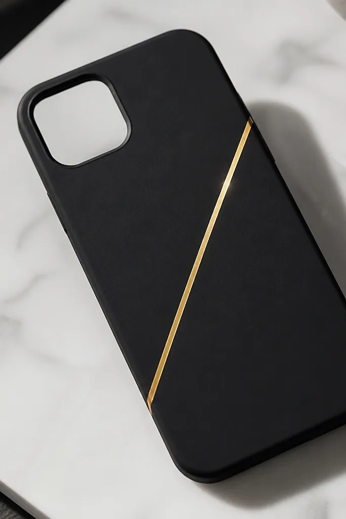 A matte black phone case with a single diagonal gold foil strip, razor-straight edges, and a tiny clear gloss highlight where the foil is sealed.