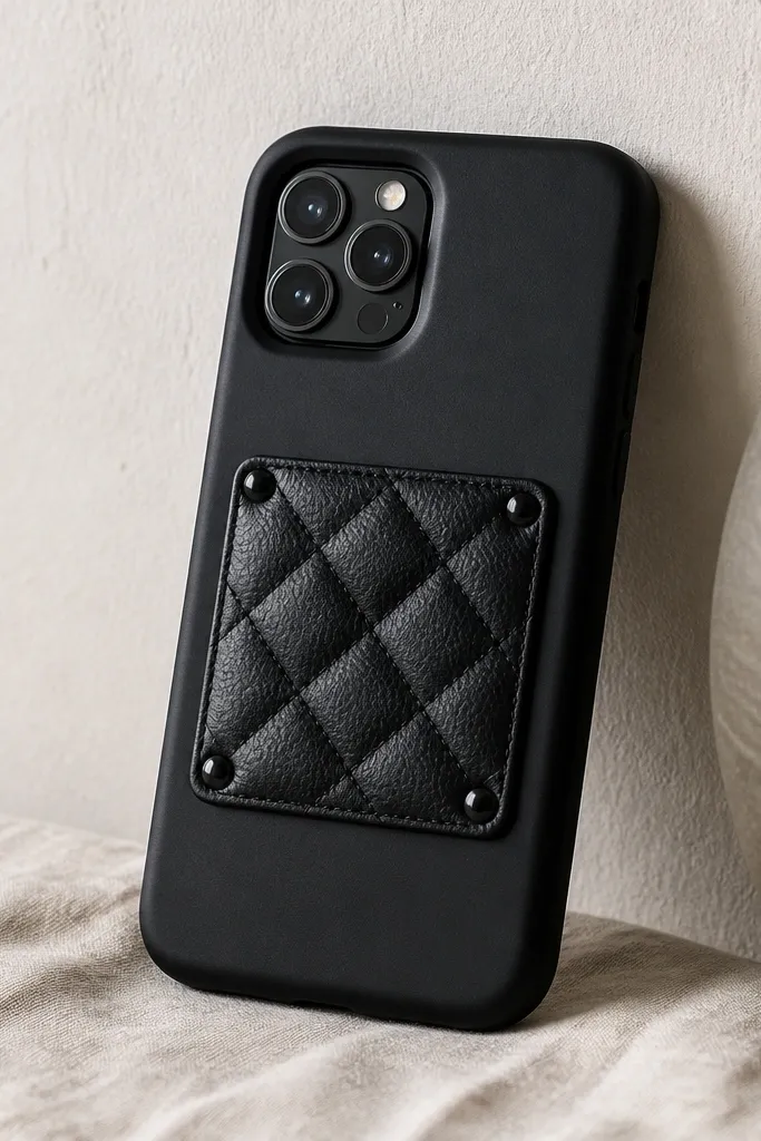 A black phone case with a small quilted vegan leather square on the center, diamond stitching texture, and four tiny round black studs at the square's corners.