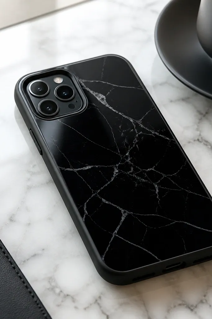 A black marble pattern phone case with soft gray veining, glossy resin shine over the camera area, and crisp edges around the case lip.