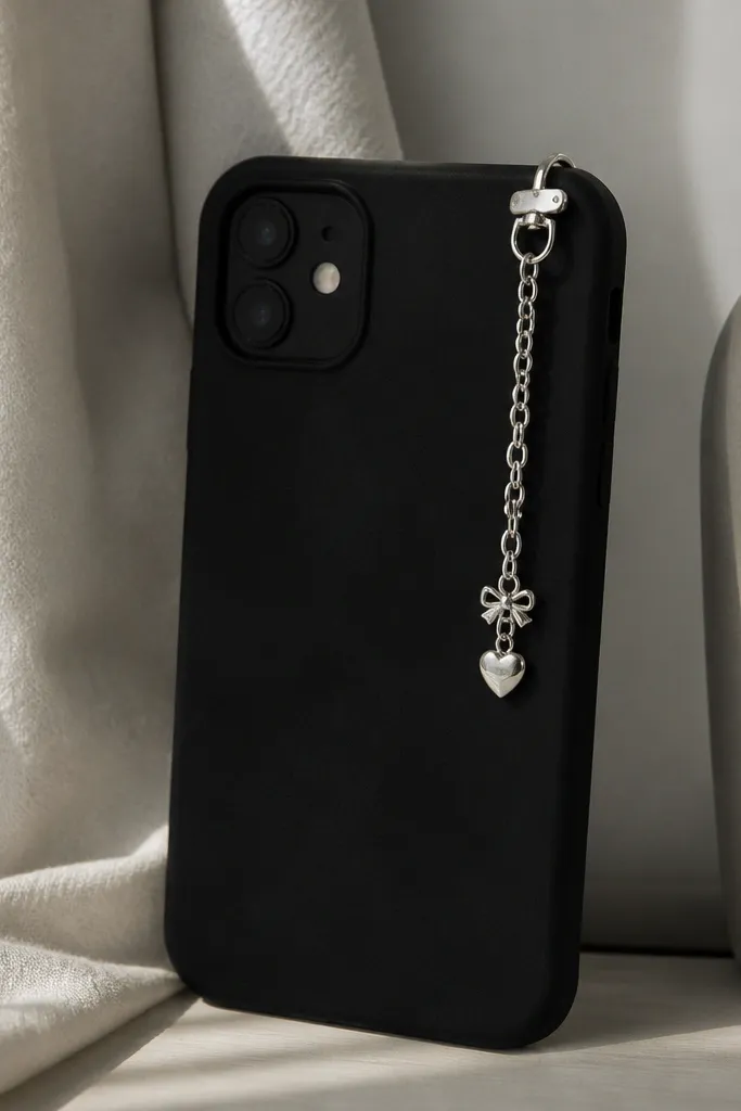 A matte black flocked phone case with a tiny silver chain charm clipped near the top edge, plus a faint sheen where the chain reflects light.