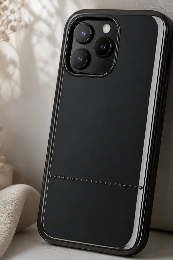 A black phone case with glossy mirrored vinyl around the outer edge and a single thin line of micro black rhinestones along the bottom third.