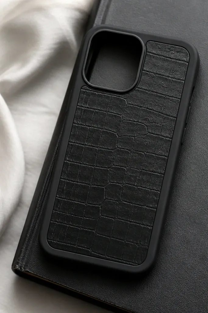 A black phone case with a faux black croc center patch, surrounded by a slightly darker matte border ring.