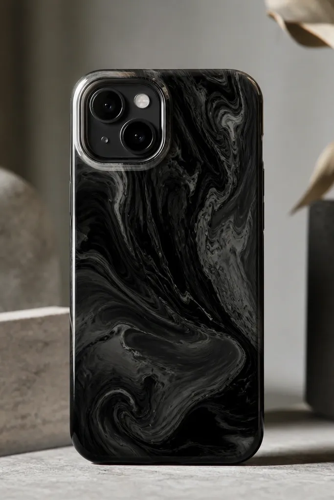 A phone case with a black paint-pour marble effect, darker swirls, and a glossy clear area only around the camera cutout.