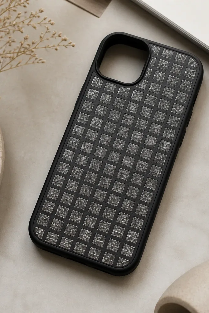 A matte black case with a subtle silver leaf grid pattern covering the center panel, like tiny foil squares.