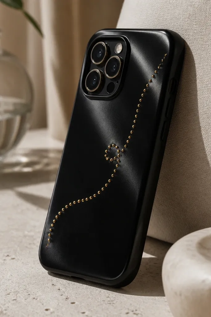 A black satin phone case with a raised line of small gold dots forming a subtle curved script-like trail across the side of the case.