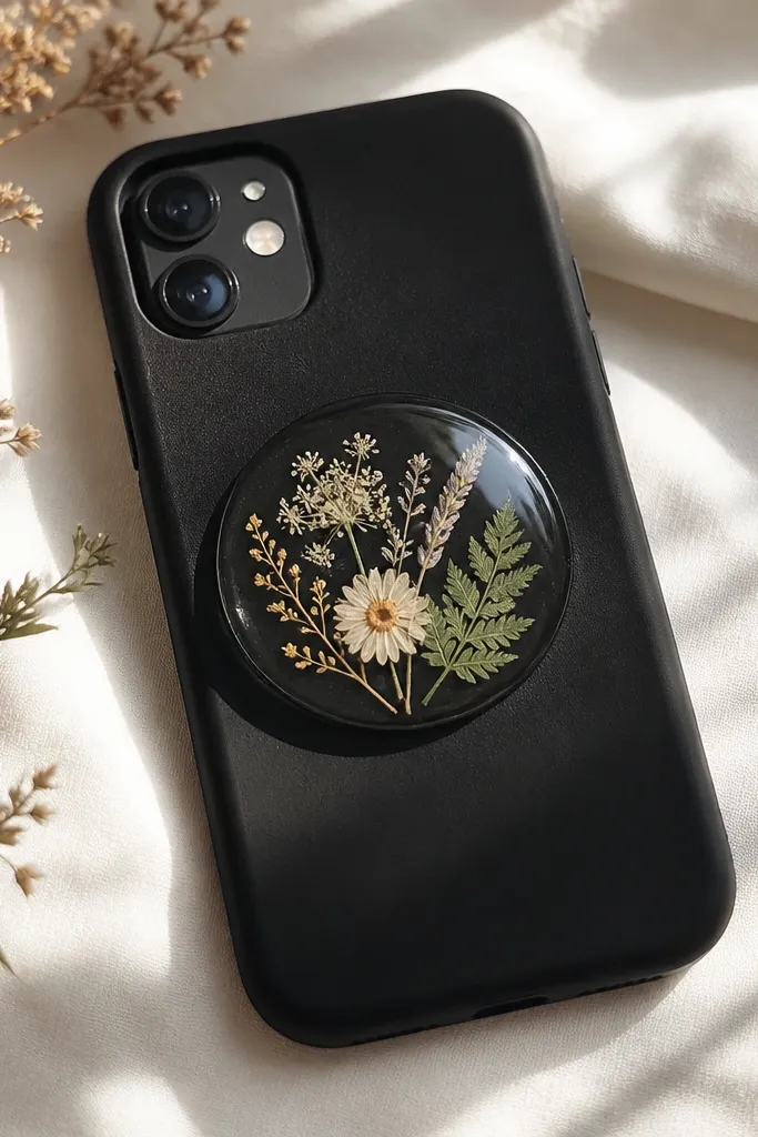 A black phone case with a clear epoxy dome sticker on the center containing tiny dried flowers, like pressed botanicals, with glossy reflections.