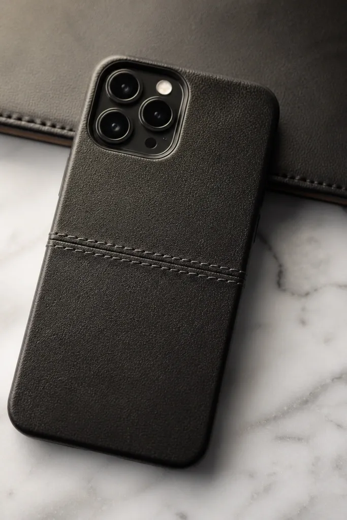 A black leather wrap covering the phone face with a visible double stitch line running horizontally across the middle, with tight corners around the camera cutout.