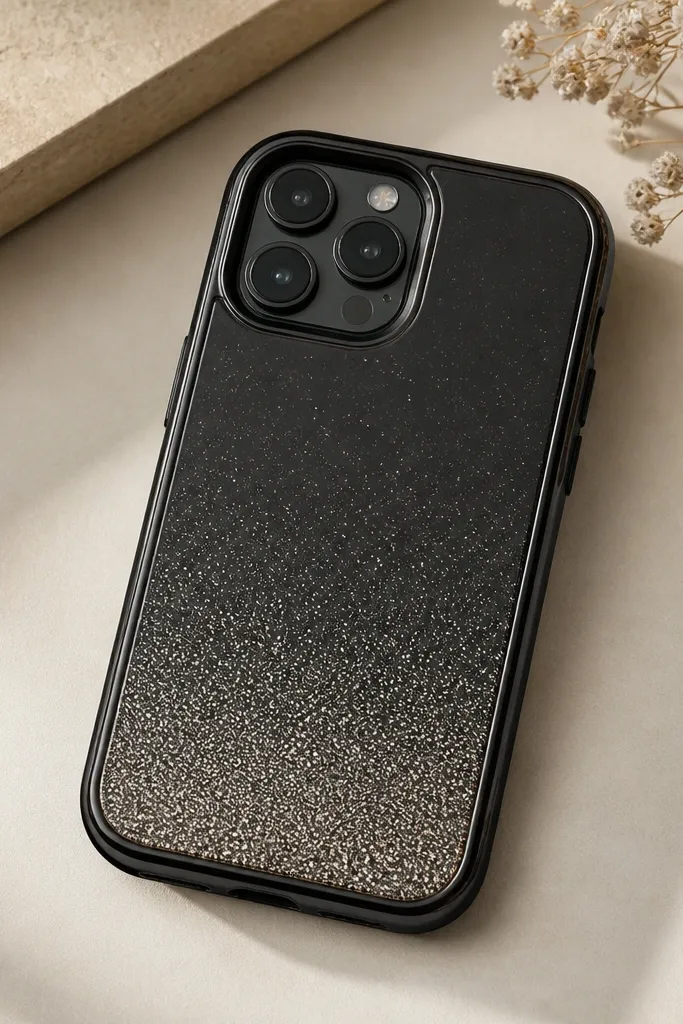 A black phone case with a glitter fade that gets denser toward the bottom, plus a clear glossy frame line around the design area.