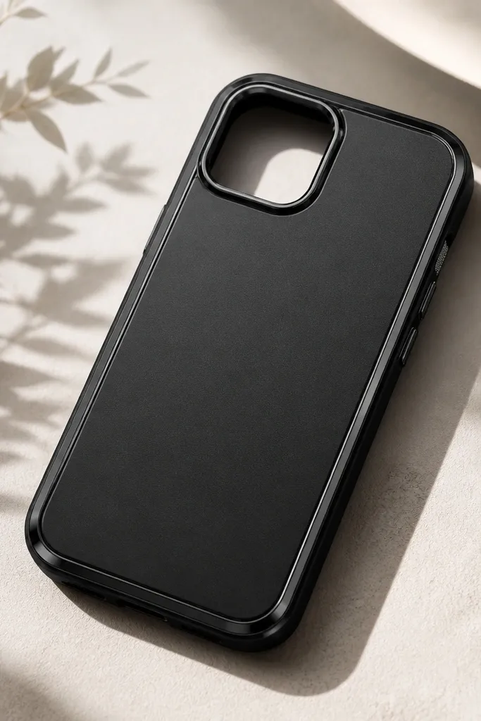 A black phone case with a glossy black chrome border line around a central matte panel, plus a subtle raised edge effect.
