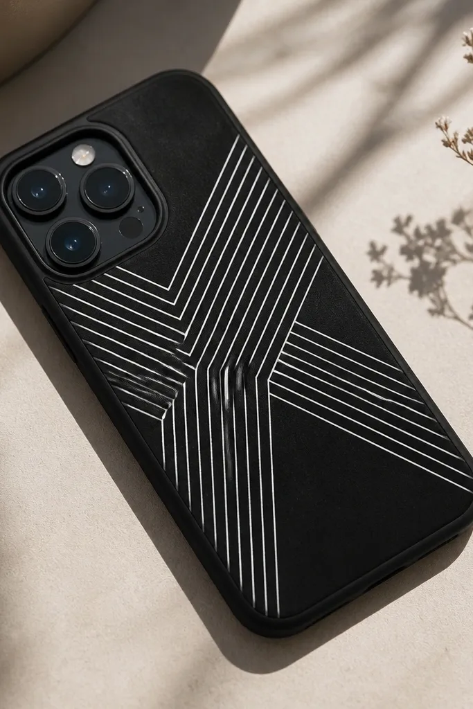 A black faux suede phone case with crisp geometric white heat-transfer lines forming a minimal pattern on the center panel.