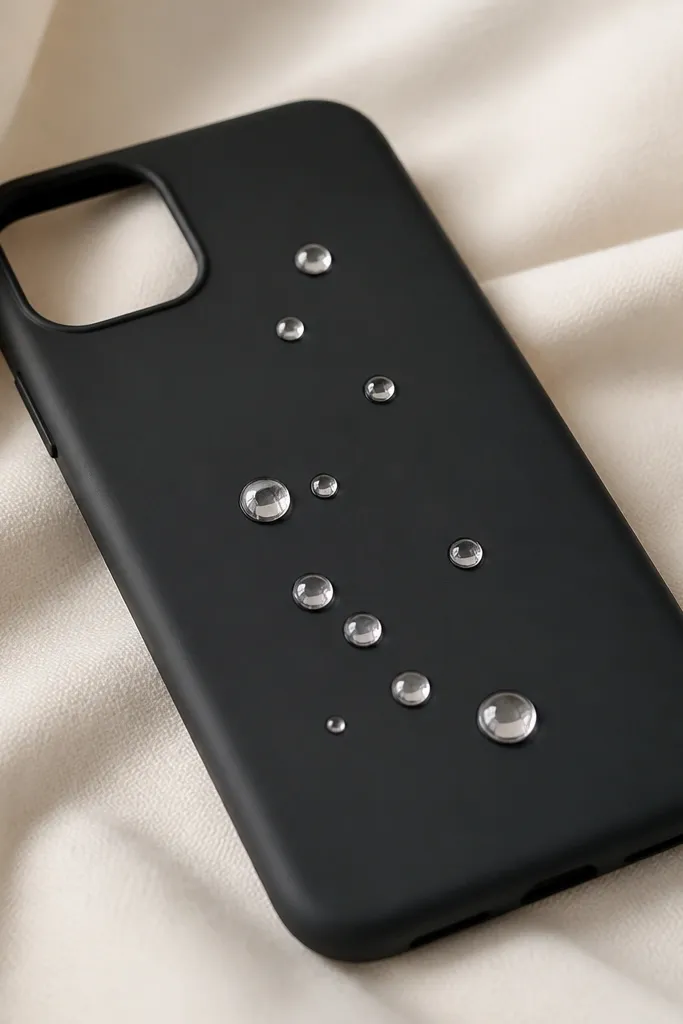 A matte black phone case with several small clear resin domes arranged like a constellation, each dome catching light like a tiny lens.