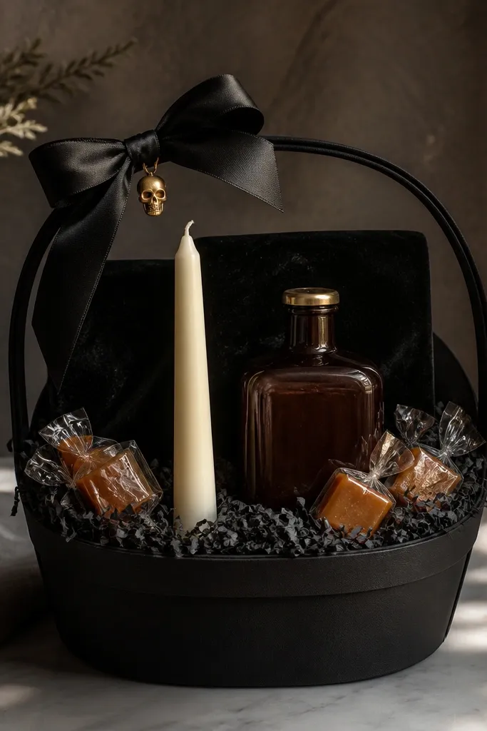 A matte black basket lined with black shredded paper and topped with a small square of black faux velvet. A tall cream taper candle sits near the front, flanked by a dark brown bottle-shaped candy tin and individually wrapped caramel squares. A satin black ribbon wraps the basket handle area, and a tiny brass-colored skull charm hangs off the bow.