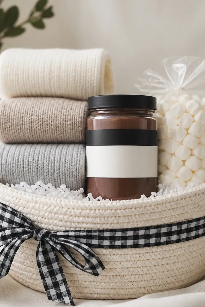 A cream woven basket packed with white crinkle paper. Three pairs of socks (cream, oatmeal, and light gray) are rolled and stacked like a tower. In front sits a cocoa mix jar with a black-and-white label, plus a small bag of marshmallows. A small strip of black gingham fabric is tied around the basket like a sash.