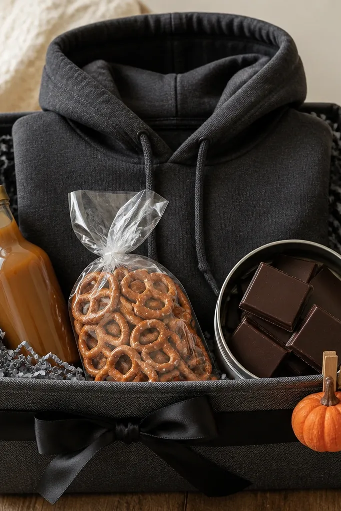 A charcoal-gray storage bin-style basket lined with gray shredded paper. A folded charcoal hoodie sits centered with the hood facing up. Around it are a small salted caramel syrup bottle, a bag of pretzel twists, and a tin of dark chocolate. A thick black ribbon wraps the front and a small orange pumpkin pick clips to the right side.