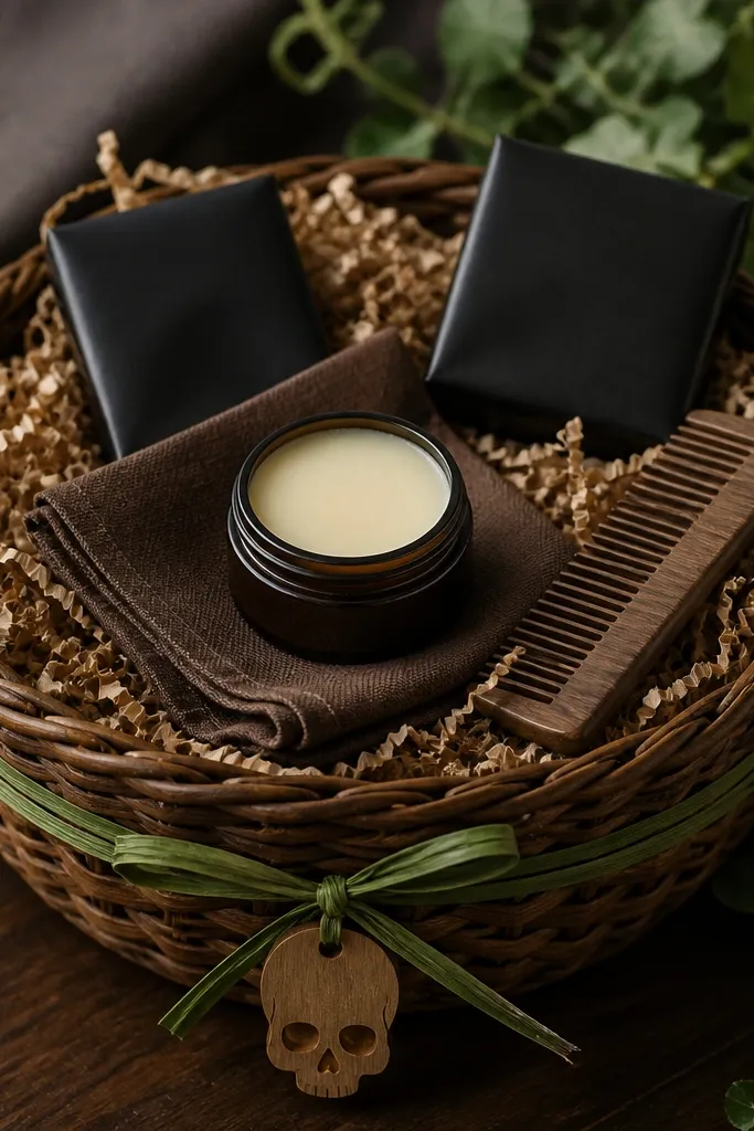 A medium walnut-brown wicker basket lined with tan kraft shred. A small jar of beard balm sits in the center on a folded brown handkerchief. Around it are two dark chocolate bars in black wrappers and a mini beard comb laid diagonally. A thin green ribbon wraps the basket with a small wooden skull tag attached.
