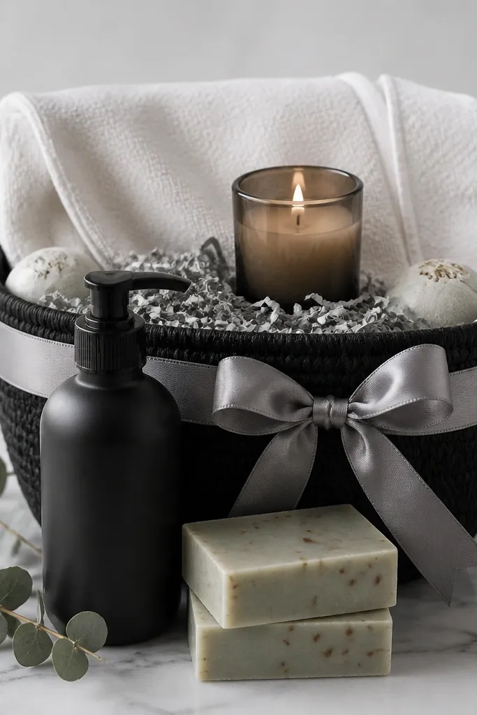 A black basket with gray shredded paper and a folded white towel draped over the back. In front sits a black pump bottle labeled sea salt scrub, with a eucalyptus soap bar stacked beside it. A small candle in a smoked glass holder sits on the towel. A silver ribbon ties the basket, and two mini bath bombs peek from the sides.