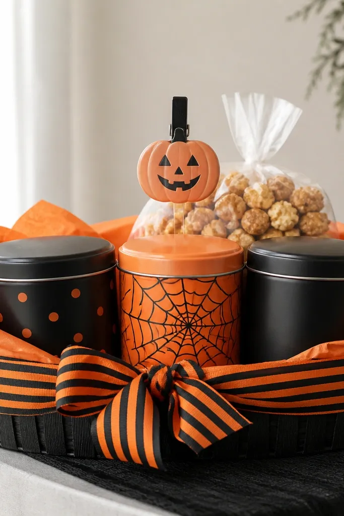 A shallow basket with a black base and orange tissue paper. Three metal popcorn tins sit in a row: one black with orange lettering, one orange with a spider web pattern, and one matte black. A small bag of kettle corn is tucked behind, and a black-and-orange striped ribbon wraps the front. A miniature jack-o-lantern ornament clips to the top.
