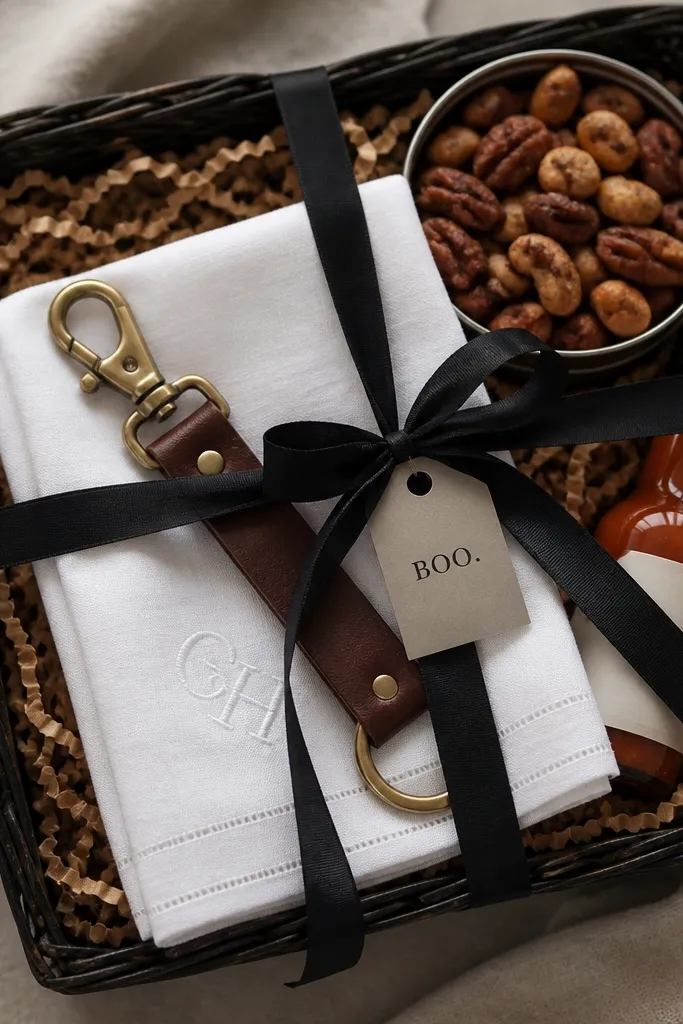 A small dark brown basket lined with tan shredded paper. A folded white handkerchief with a subtle monogram sits in the center. A leather keychain with a brass buckle lies diagonally across the handkerchief. Nearby are a tin of roasted nuts and a small bottle of hot sauce. A thin black ribbon ties around the basket with a small tag that reads BOO.