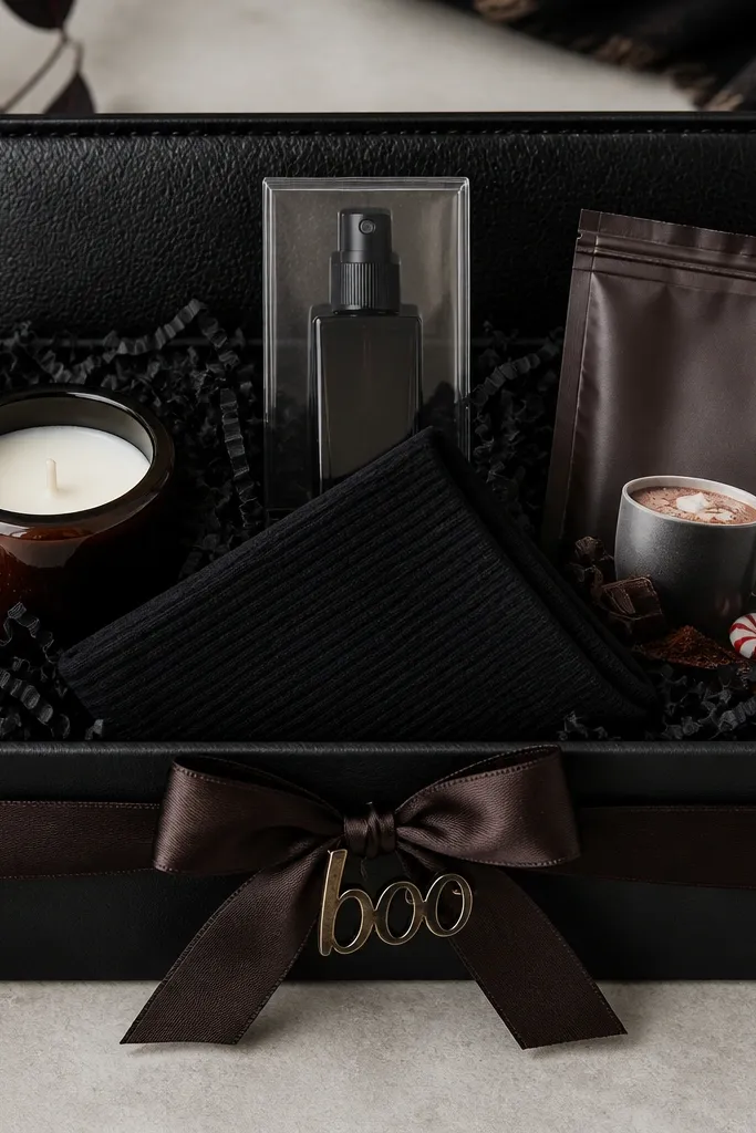 A rectangular black basket with black crinkle paper and a faux leather panel lining the back. A pair of black socks is folded into a triangle shape and placed front center. Behind them sits a small cologne sample bottle in a clear box. A cocoa packet sits at the right edge, and a mini peppermint candle is on the left. A dark brown ribbon wraps around the basket, with a small metal "boo" tag.