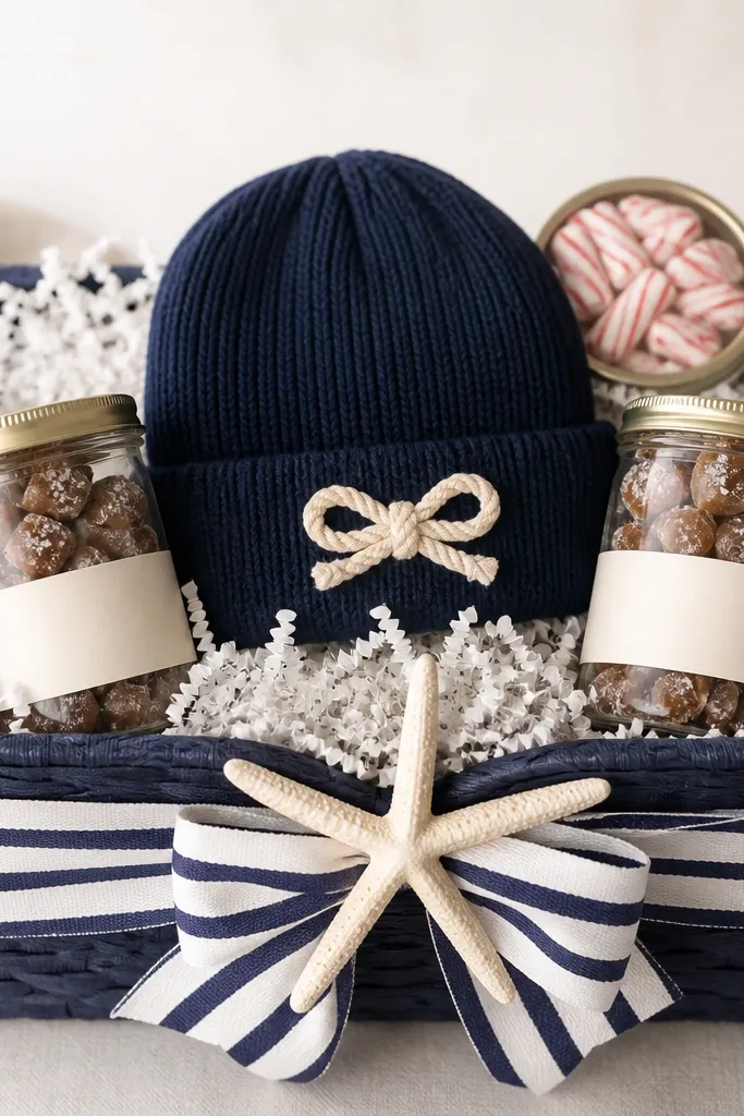 A navy woven basket lined with white shredded paper. A folded navy beanie sits in the center with a small rope knot ribbon detail. In front are two jars of sea salt caramels with cream labels. A small tin of peppermint sticks is tucked behind the beanie. A white and navy striped ribbon wraps the basket, and a small starfish ornament sits on top.