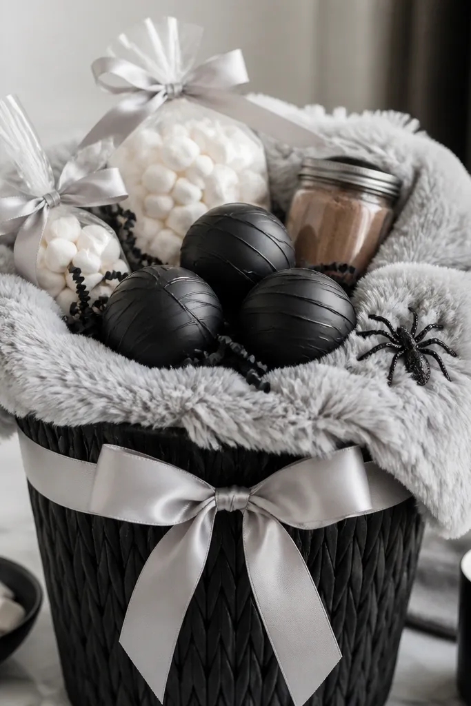 A tall basket with black shredded paper and a folded light gray faux fur throw draped across the top like a cape. Three hot chocolate bombs in matte black spheres sit on the fur. Around them are mini marshmallow bags and a small jar of cocoa powder. The ribbon is light gray satin, and a black spider pin sits on the fur edge.