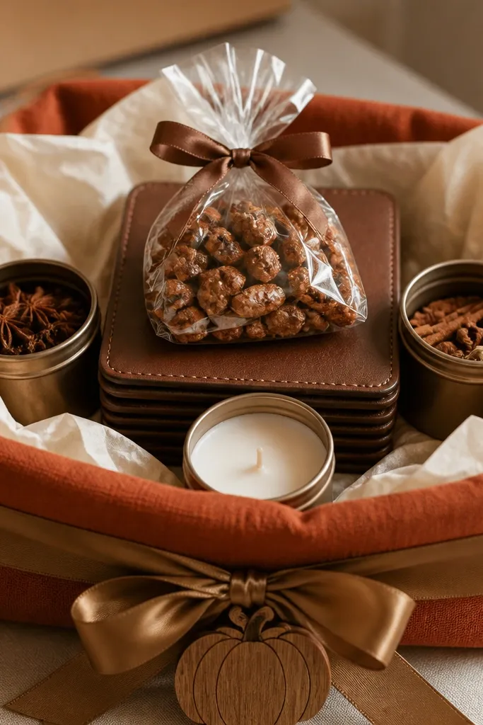 A rust-colored fabric basket lined with cream tissue paper. In the center sits a set of four brown leather coasters stacked in a neat square. On top of the coasters is a small bag of spiced nuts. Two small spice tins sit on the sides, and a mini candle is placed near the front. A bronze ribbon wraps the basket and a small wooden pumpkin charm hangs from it.