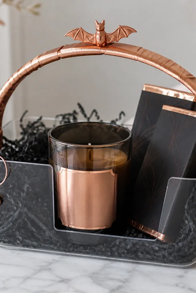 A clear-sided basket with black crinkle paper inside. A smoked glass candle sits front center with a rose gold label. Two chocolate bars with dark wrappers are stacked on the right. A small wine glass charm is clipped to the left edge of the basket. Rose gold ribbon wraps the handle area, and a tiny rose gold bat decoration sits on top.