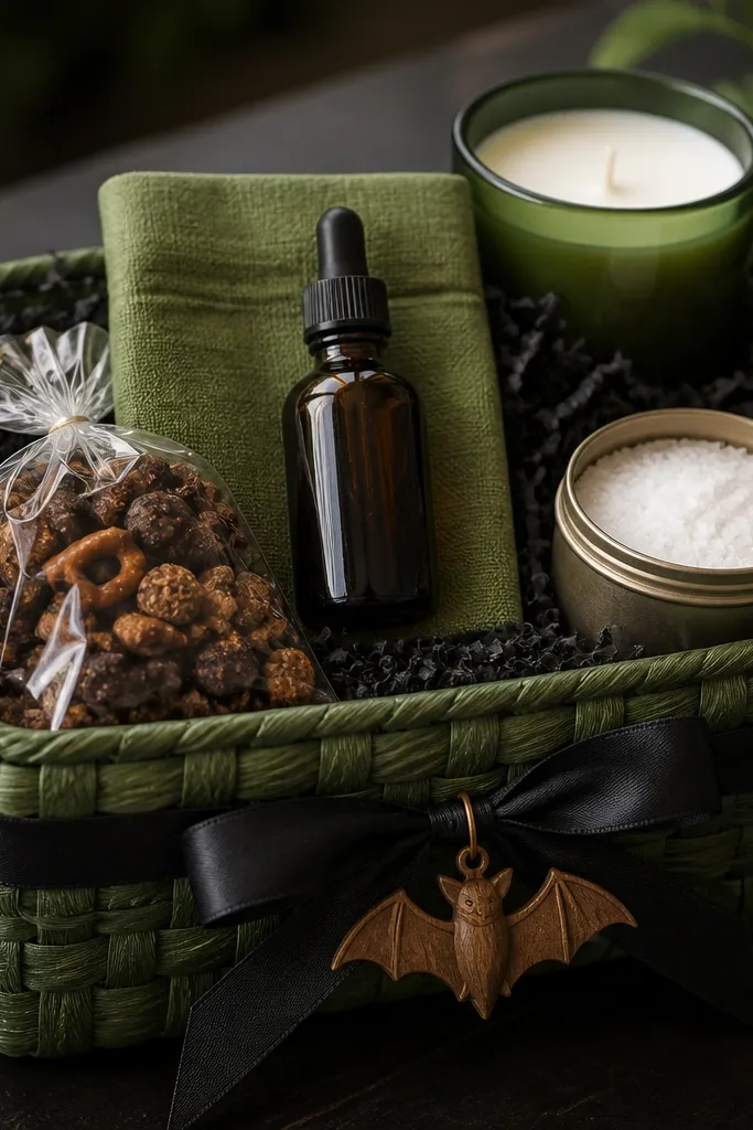 A green woven basket lined with black shredded paper. A small beard oil bottle stands upright in the center on a folded green cloth. A green-labeled candle sits behind it. A bag of dark pretzel mix lies at the front left, and a tin of sea salt flakes sits on the front right. A black ribbon ties around the basket with a small carved wooden bat charm.