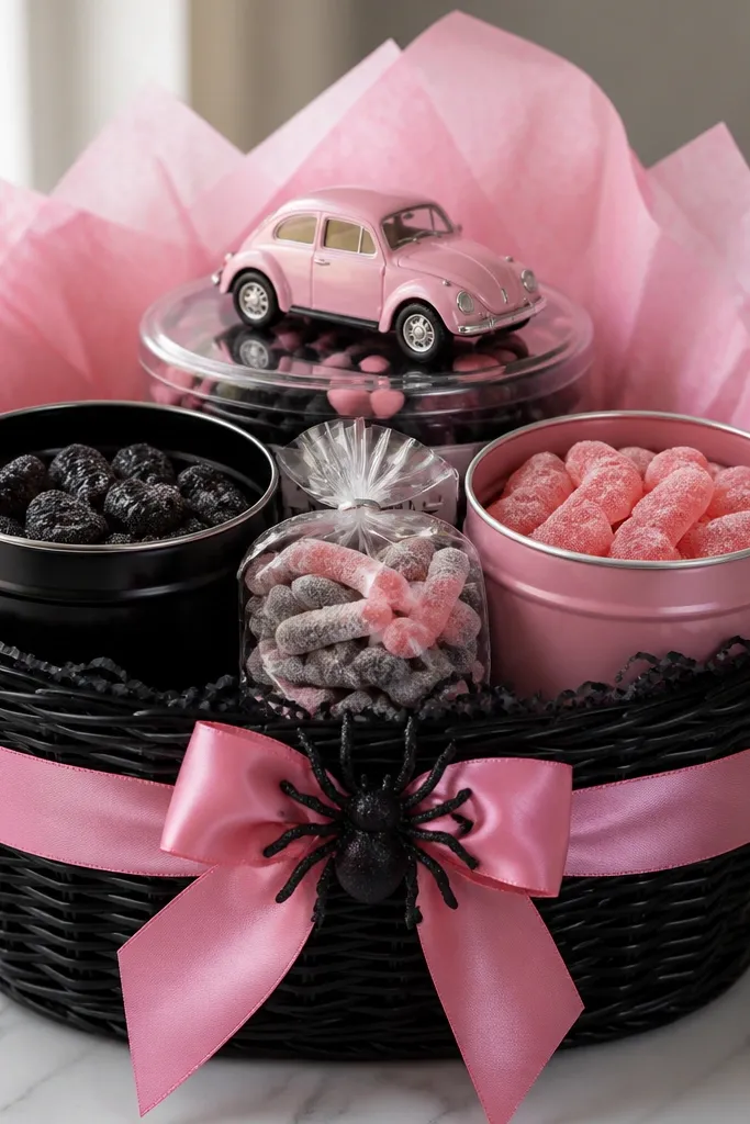 A black basket with pink tissue paper. A small toy car sits on top of a clear candy tin. Inside, there are two metal candy tins (one black, one pink) and a small bag of sour candy. A roll of pink ribbon is tied at the front with a black spider clip. The bottom is lined with black crinkle paper for structure.