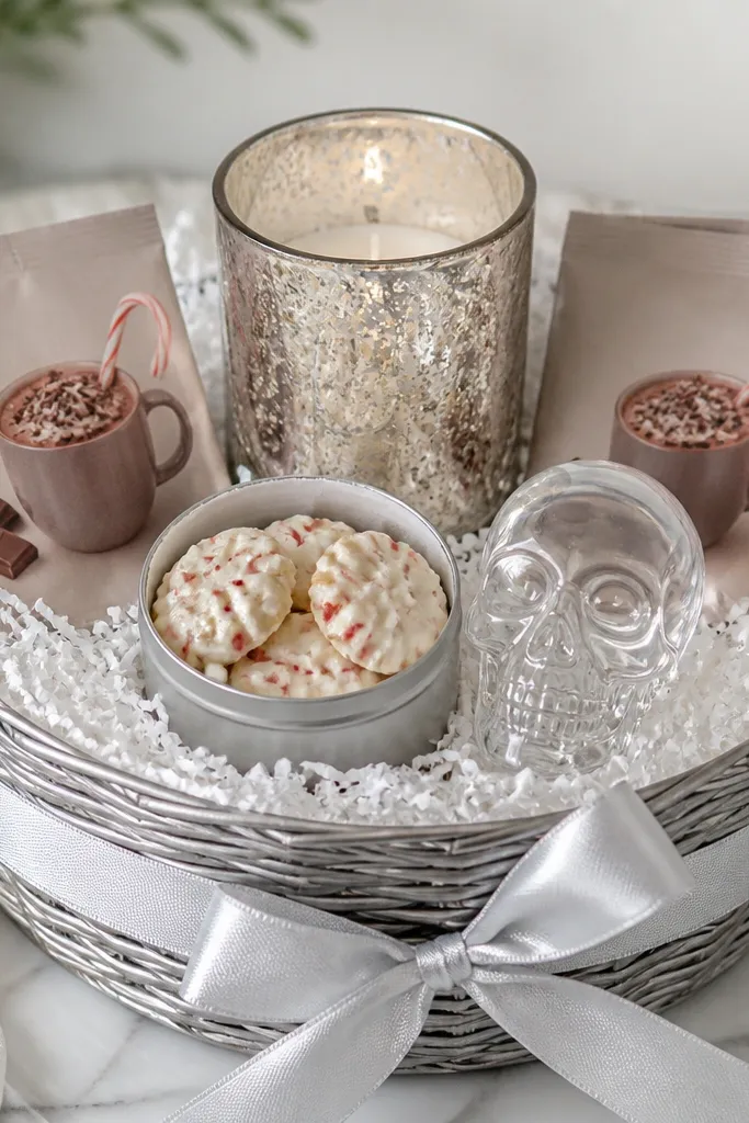 A silver-gray basket lined with white shredded paper. A tall silver candle holder sits in the center with a white candle inside. Two peppermint mocha mix packets are laid flat on the left and right. A small tin of mint cookies rests near the front. Silver ribbon wraps the basket, and a clear acrylic skull decoration sits on top.