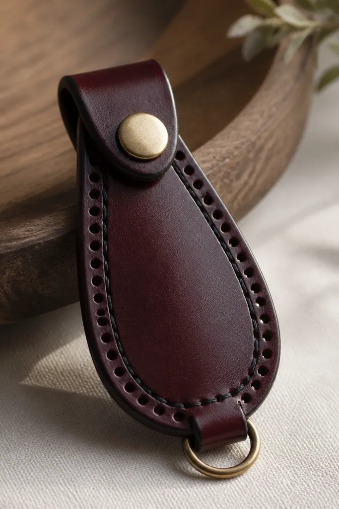 A deep oxblood leather key fob with a brass snap closure, hand-punched holes along the edge, and a small ring at the bottom. The leather shows a slightly burnished edge and a clean stitch line in dark thread.