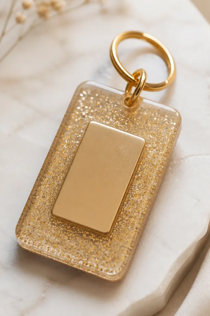 A small rectangular resin keychain in champagne gold with suspended fine glitter and a crisp stamped name plate in the center. The resin is glossy, with rounded corners and a gold jump ring at the top.