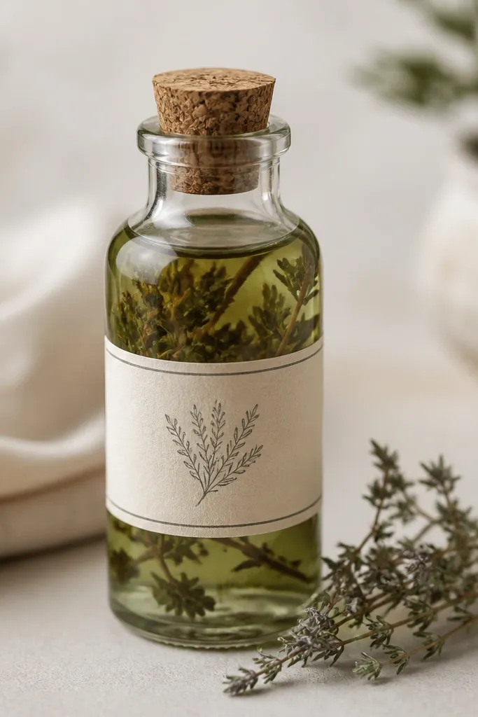 A small glass bottle filled with pale green herb oil, topped with a cork stopper. A cream label with neat hand-lettered text wraps the bottle, and a small sprig of dried herbs sits beside it.