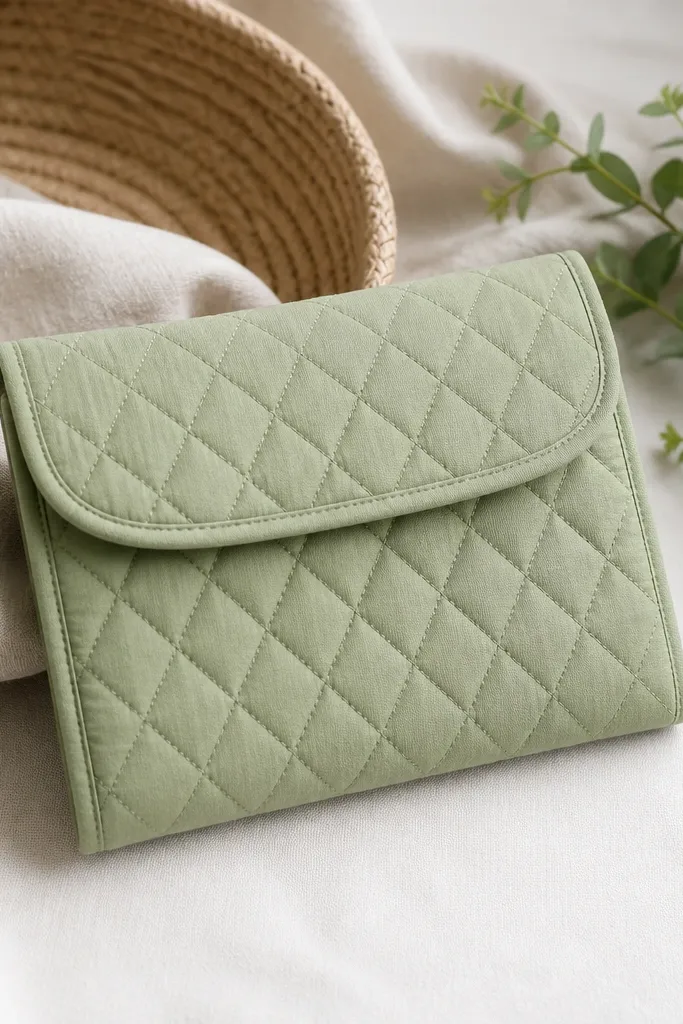 A sage green quilted fabric pouch with a subtle diamond stitch pattern and a hidden magnetic snap closure. It has a clean zipperless front flap and neat topstitching along the edges.