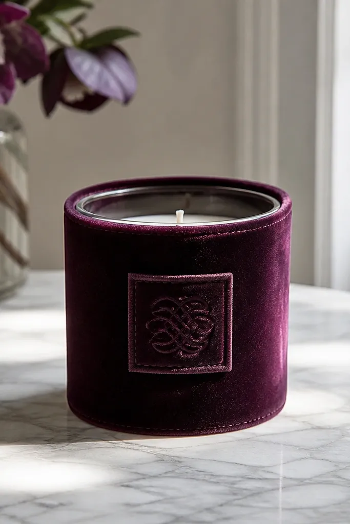 A small glass candle inside a deep plum velvet sleeve, with a stitched monogram tag on the front. The velvet has a smooth nap and the edges are neatly turned with matching thread.