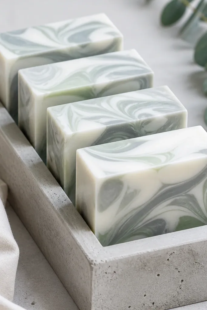 Soap bars with a marble swirl pattern in white, soft gray, and pale sage, set in a concrete-style mold. Each bar has crisp edges and a smooth, glossy top.